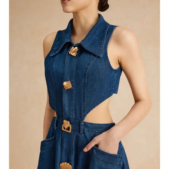 Cutout Waist Slit Hem Sleeveless Denim Dress - Picture 5 of 8